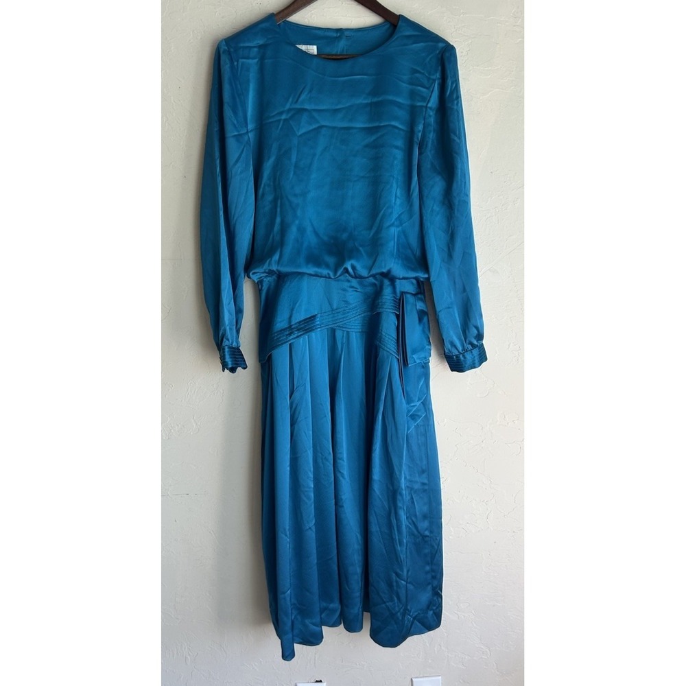 Vintage 70s 80s Joan Sparks Daniel Barrett Teal Satin Midi Dress‎ 8 Art Deco - Picture 2 of 13